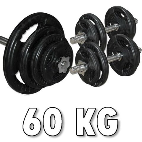Kumitettu Painosarja 60 kg sis. pitkä tanko ja säädettävä käsipainot